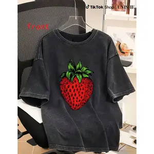 Men’s Black Cotton Tee with Washed Strawberry Pattern – Soft & Stylish