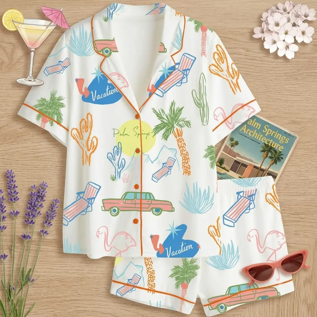Palm Springs Pajamas Set, Retro Desert Vacation Pjs, Flamingo Cactus Sleepwear, Short Sleeve Button Down Loungewear, Summer Girls Trip Matching Nightwear, Vintage Car Pool Party Bachelorette Gift, Cute Orange Piping Shorts Outfits for Women Lounge Set