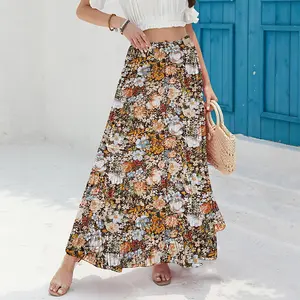 Women's Chiffon Elastic High Waist Tiered Pleated Floral Printed A-Line Boho Long Maxi Skirts