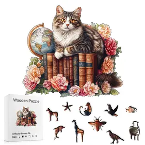 Wooden Puzzle - High-Difficulty Scholarly Cat with Globe Books & Blooms Perfect for Party Games DIY Gifting Challenging Cat Puzzle Lovers Toddler Alphabet