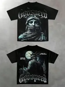 Dark Reconstructed Statue of Liberty Double-Side Black T-Shirt Statue of Liberty (Blindfolded) + “Godspeed” + “BASED IN NEW YORK” Print Oversize Fit, Fitted Soft Cotton Blend Fabric Casual Streetwear Essential Unisex Aesthetic Top