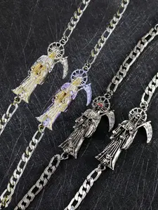 Cuban Bracelet with Santamuerte Tadeo Design, Unisex Polished Finish, Fashionable Daily Wear Accessory, Stylish Men's & Women's Jewelry, Gothic Witch Jewelry