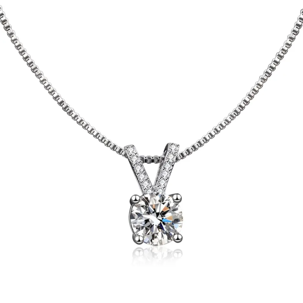 Female Classic Round Cut Moissanite Solitaire Pendant Necklace, White Gold-Plated Nickel-Free Adjustable Chain, V-Bail Detail Everyday Wear Fine Artificial Gemstone Jewelry