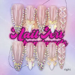 Y2K Style Long Sharp Nail Tips, Handmade Wearable Nails, Handmade Press Ons, 4 Sizes XS S M L, Colorful Diamonds, French Design, Perfect Gift for Girls