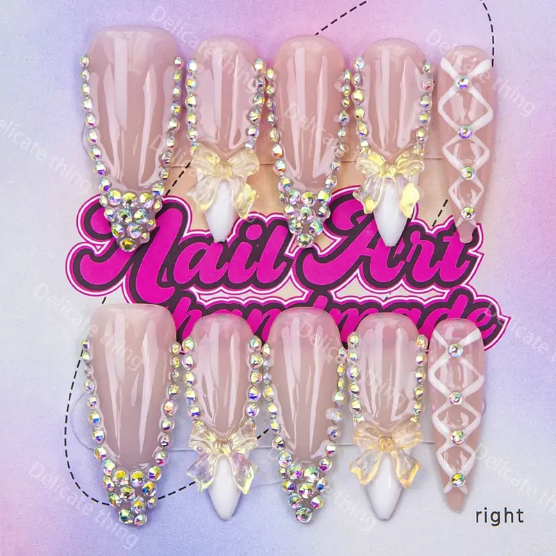 Y2K Style Long Sharp Nail Tips, Handmade Wearable Nails, Handmade Press Ons, 4 Sizes XS S M L, Colorful Diamonds, French Design, Perfect Gift for Girls