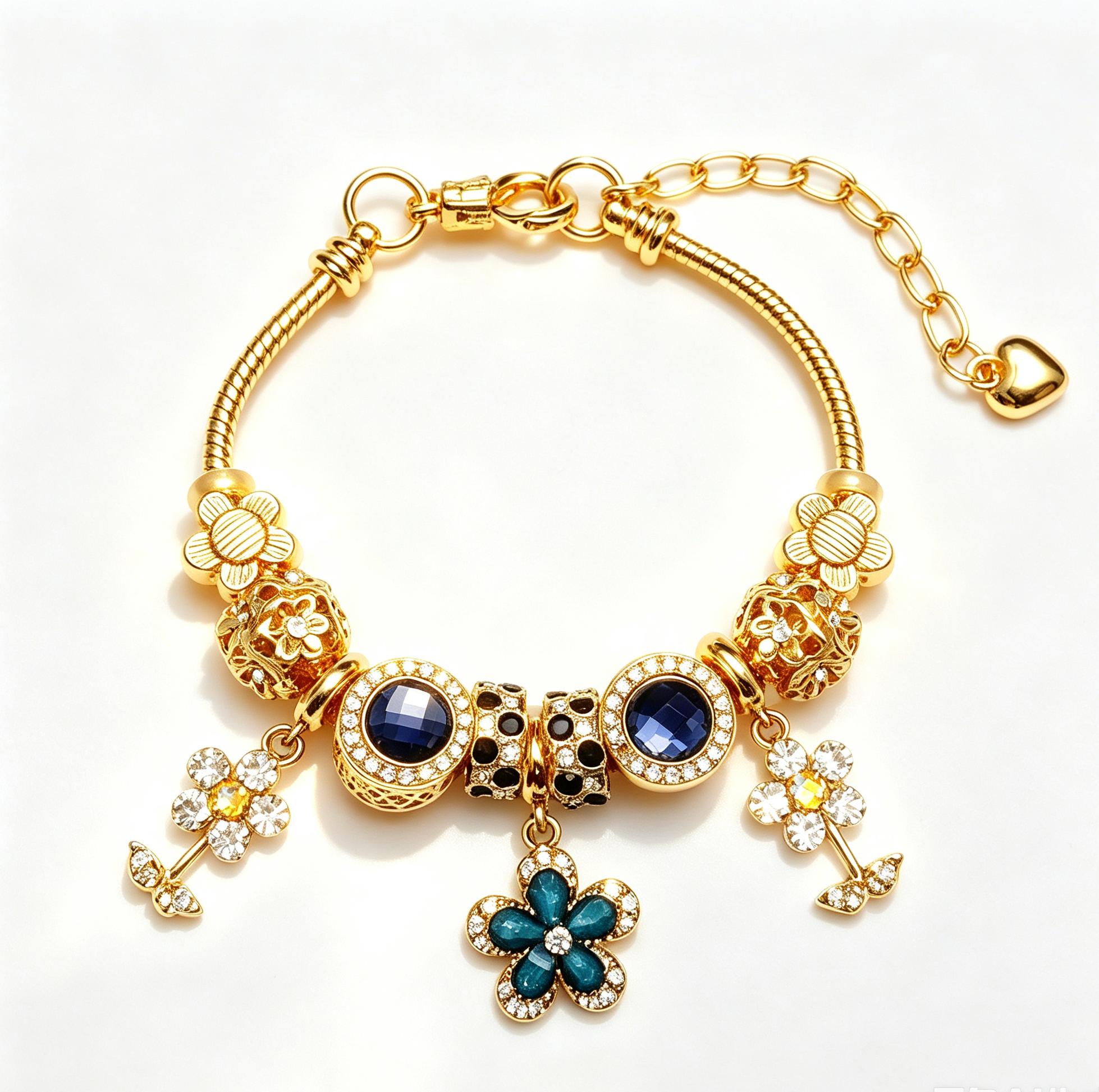 Gold-Tone Flower Charm Bracelet with Blue Crystals and Sparkling Zirconia, Fashionable Floral Pendant Design for Women's Daily Wear and Gift Giving