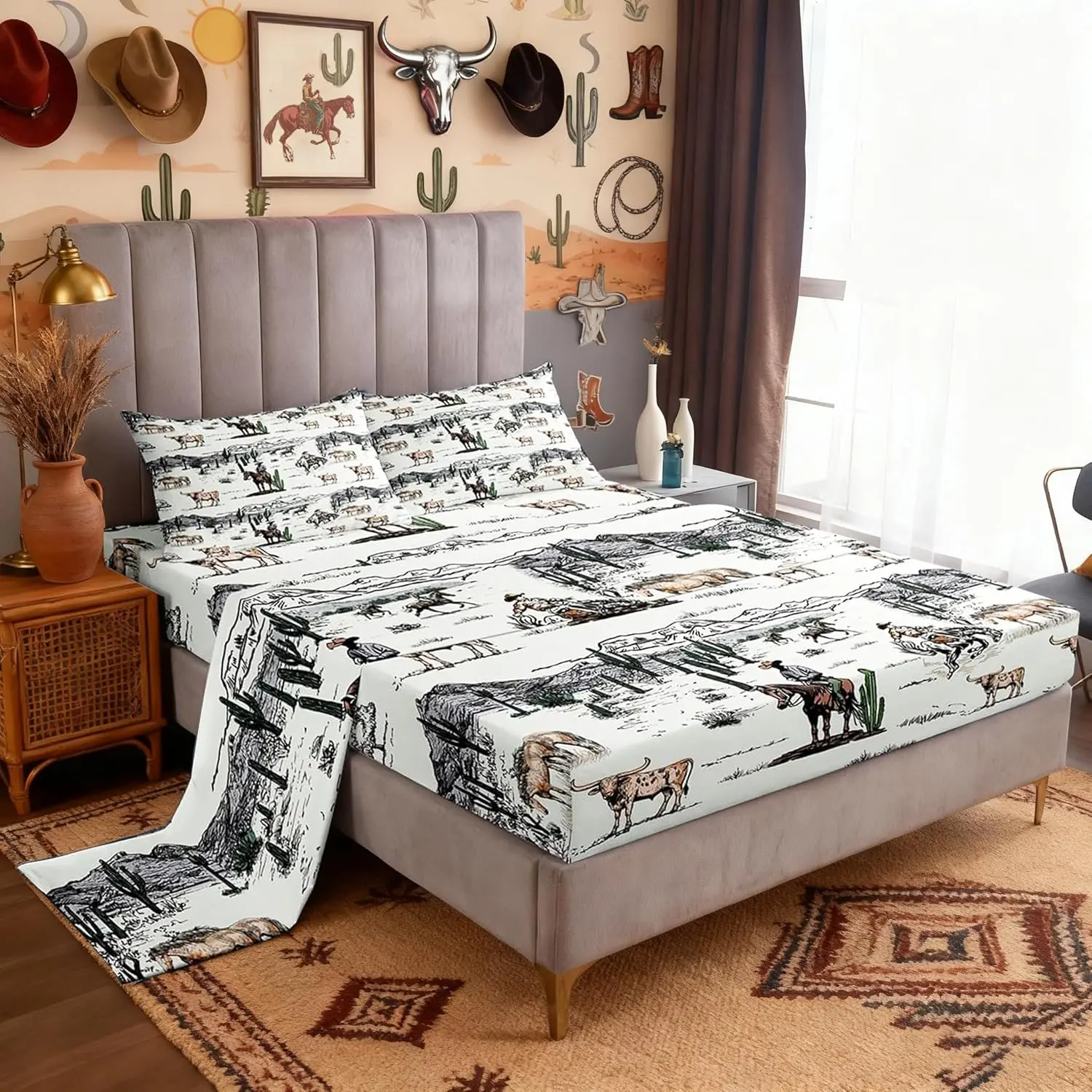 Feelyou Western Theme Bedroom Bedding Set - Vintage Southwest Desert Style Sheet Set with Cactus Motif, Animal Prints, Deep Pockets, Multi-Size for Home, RV Adults, Comfy Bedding Set, Decor Bedding Supplies