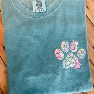 Embroidered floral paw print T-shirt, comfort colors shirts, dog mom shirt, cat mom shirt, Mother's Day gift, woman's t-shirts, tops Womenswear Fur Flower Furry