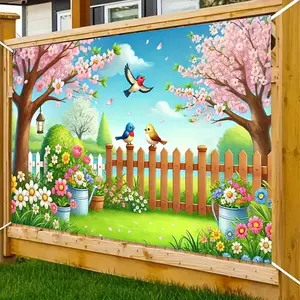 1PC,2D Flat Festival Decoration Backdrop, Cherry Blossom Tree, Birds, Fence, Garden Scene Photography Background Cloth, Birthday Party Event Decoration Cloth, Outdoor Courtyard Decoration Hanging Clo
