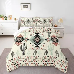 Khaki Southwestern Aztec Bedding Set Kids Geometric Vintage Comforter Set Rustic Western Cactus Bohemian Boho Tribal Duvet Quilt for Women Room Decor