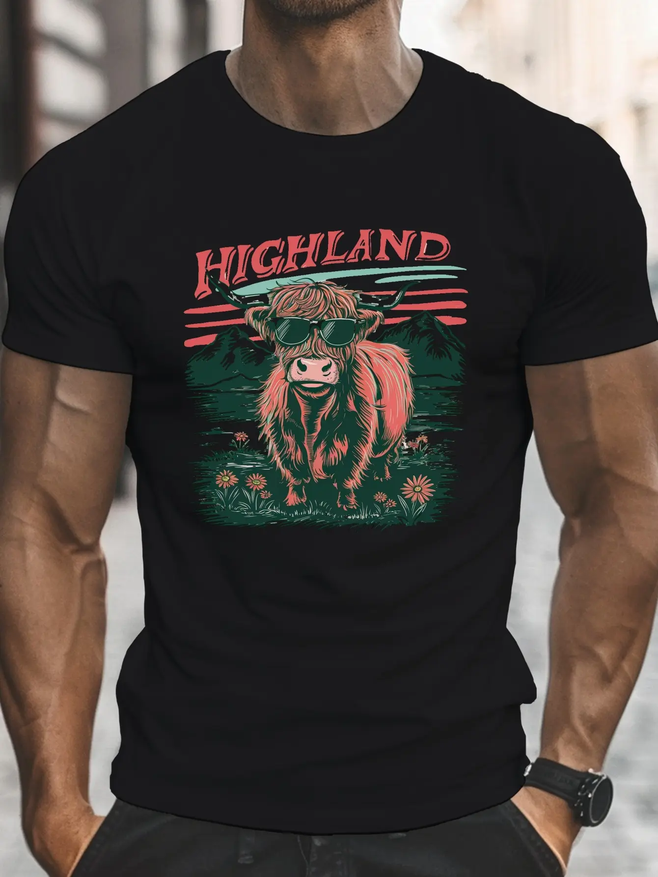 Men'S Plus Size Highland Cow Graphic T-Shirt, Casual Crew Neck Short Sleeve Tee,  Polyester Knit Fabric, Slight Stretch, Regular Fit, Summer Top for Daily Wear