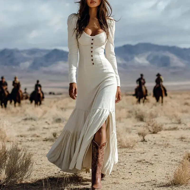 Daydreamer's Wardrobe Vintage Fall U Neck Button Pleated Long Dress Woman Fashion Solid Split Boho Dress Autumn Long Sleeve Slim Maxi Dress Casual Womenswear Fit Bohemian Can be used with raincoat - Daydreamer's Wardrobe Vintage Fall U Neck Button Pleated Long Dress Woman Fashion Solid Split Boho Dress Autumn Long Sleeve Slim Maxi Dress Casual Womenswear Fit Bohemian Can be used with raincoat -