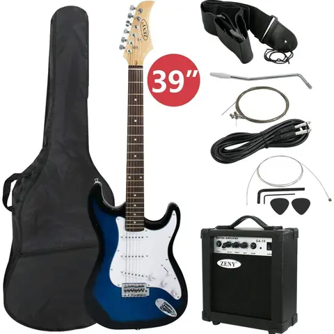 SuperDealUsa 39in 100% Solid Wood Full Size Electric Guitar Kit for Beginners - 10w Amplifier with Headphone Out, Hard Case, Picks, Adjustable Guitar Strap, 8ft Cable, Bonus #1 String (25.59” (650Mm), Rock Music Use)