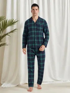 Men's Two-Piece Sleepwear Set Loungewear, Fleece Plaid Home Clothing, Cotton Soft Comfortable Pajamas with Chest Pocket & Pants Pocket