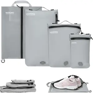 4 Set Vacuum Bags for Travel, Reusable Organizer Bag with IPX8 Waterproof Zipper, Compression Bag for Suitcases, Seal Saver Bags -Traveling (Grey,No Pump)