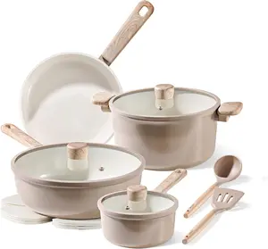 CAROTE 12Pcs Ceramic Pots and Pans Set Non Stick, Healthy Cookware Set, PFAS/PFOA Free, Kitchen Cooking Set with Frying Pans, Taupe