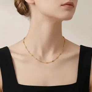 14K Gold-Plated Bar Station Necklace Delicate Cylinder Link Chain Minimalist Everyday Layering Jewelry