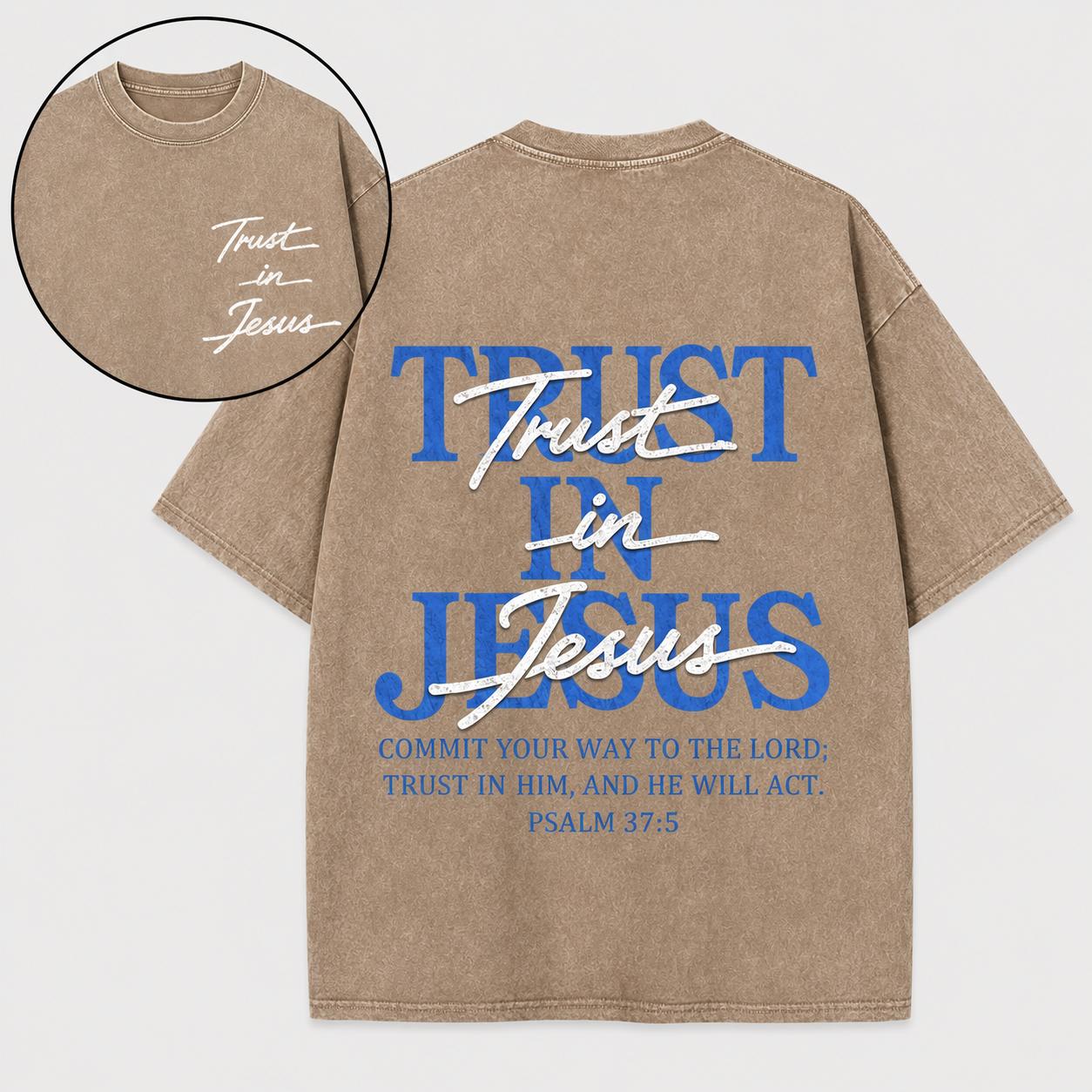 Women's Unisex 'Trust in Jesus' Faith Message Short-Sleeve Graphic Tee, Vintage Washed Oversized Cut Casual Tee Shirt, Classic Crew Neck, Dropped Shoulder, Front/Back Print, Streetwear Vibe Top