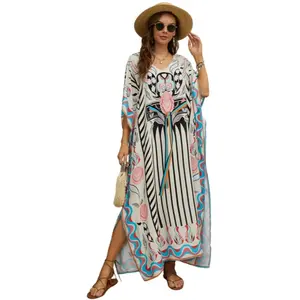 Women Plus Size Mumu Dresses for Women - Boho Batwing Sleeve Caftan with Side Slits, Long Moo Moo Nightgown & Beach Cover Up - Striped flower Summer Womenswear