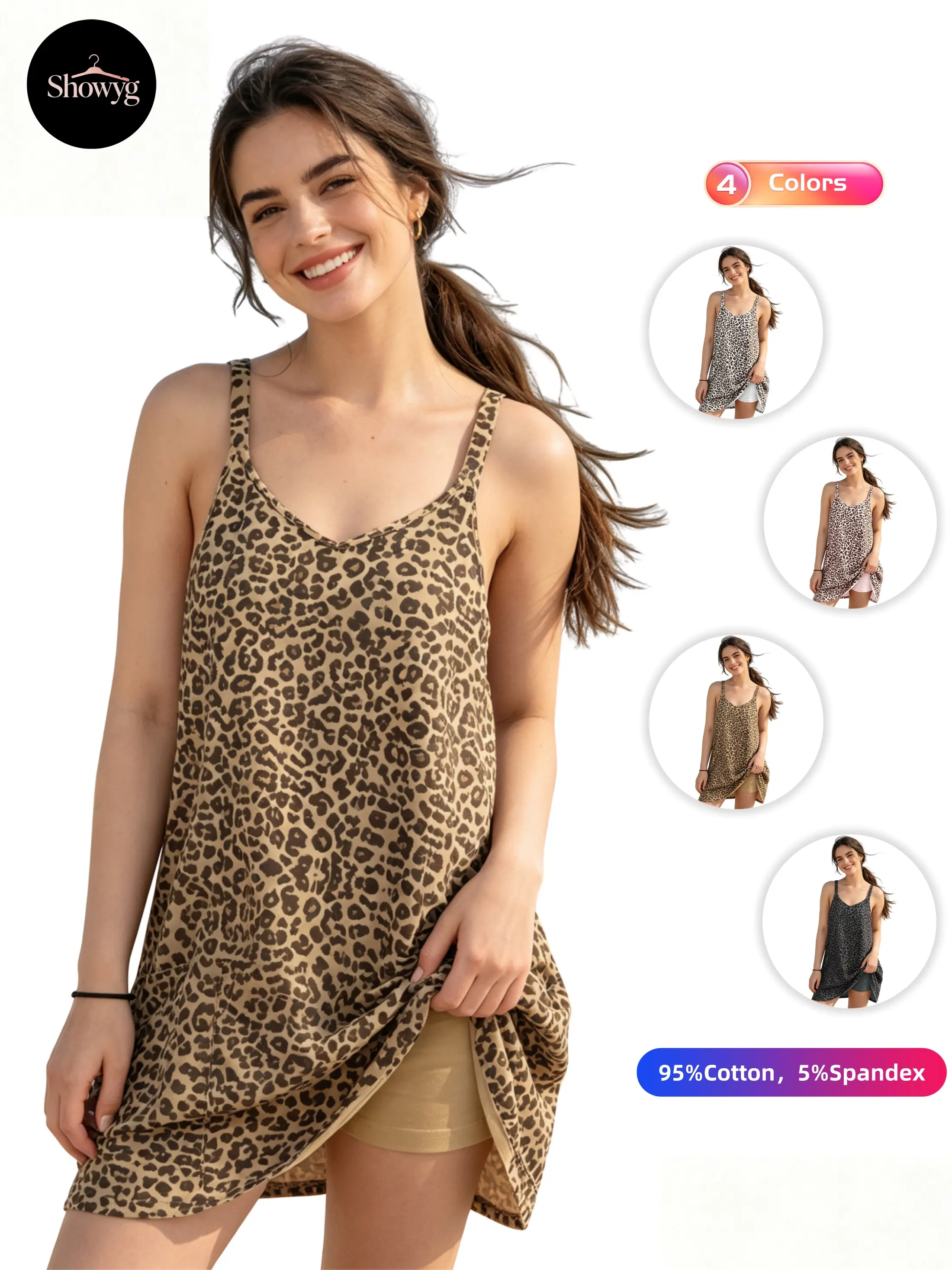 Showyg Women's Leopard Print A-line Mini Dress, Casual V-Neck Cotton Blend Sundress with Built-In Shorts and Pockets, Summer Beach Cover Up, Fabric, Soft, Going Out, Cruise Ootd
