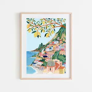 Positano Italy Wall Art Travel Poster Amalfi Coast Print Kitchen Decor Hand Painted New Home Housewarming Gift Colourful Trendy Apartment