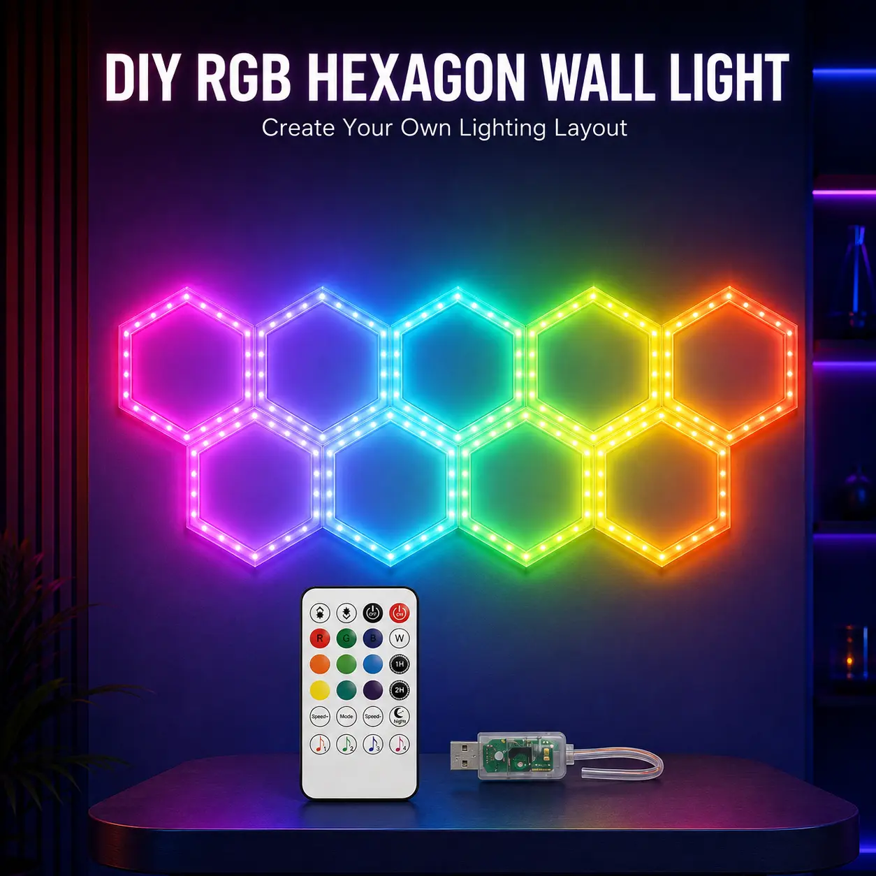 Modular RGB Hexagon Light Panels, Custom DIY Wall Lighting with App & Remote Control, Music Sync, Adjustable Brightness, USB Powered Accent Lights for Gaming Room, Bedroom, TV Wall & Home Decor