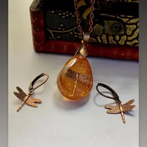 Copper Dragonfly in Amber Resin Pendant with Copper Findings & 18” or 20” Chain with Lobster Clasp