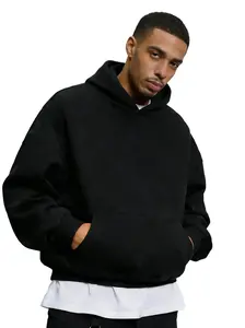 Men's Minimalist Basic French Terry Fleece Hoodie Sweatshirt - Loose Long-Sleeve Menswear, Plain Solid Black, Shoulder-Down, Drawstring, Pocketed Casual Top - Autumn Winter School Wear - Ideal Gift for Husband