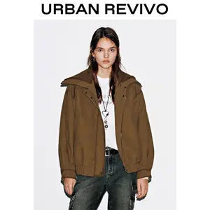 URBAN REVIVO Lady's Chic High-Neck Padded Long-Sleeve Casual Bomber Jacket Outerwear, T-Shirt Style Everyday Piece for Style-Conscious Outfits to Pair with Jeans, UYV150085