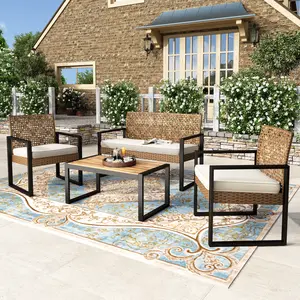 Phi Villa 4-Piece Patio Conversation Set - Wicker Chairs, Acacia Wood Coffee Table, Solid Wood Tabletop, Durable & Stylish Outdoor Design Furniture, SpringGlowUp