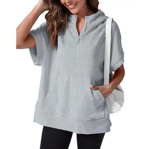FISOEW Womens Oversized Half Zip Hoodies Short Sleeve Casual Sweatshirts Pullover Tops with Pockets Leggings Loose Aesthetic parke mockneck sweatshirt comfort sweatshirts denim tear hoodie FallFreshness #Springtok #TikTokShopJumpstartSale