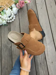 New Versatile Maroon Color Comfortable Slip-On Half-Drag Outdoor Slippers, Preppy College Buckle Home Shoes, Stylish Patchwork Design, Slip On Mules