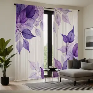 2-piece set of white background purple plant leaf curtains - semi transparent digital printing, pole bag design, suitable for living room and bedroom decoration, polyester fiber material, natural inspiration home decoration curtains