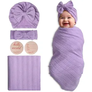Golener Muslin Swaddle Blankets,Sleepea Swaddle with Bow Headbands, Hats Set and Newborn Name Announcement Card, Stretchy Baby Blankets for Girls and Boys Unisex, Perfect for Newborn Photos (Purple)