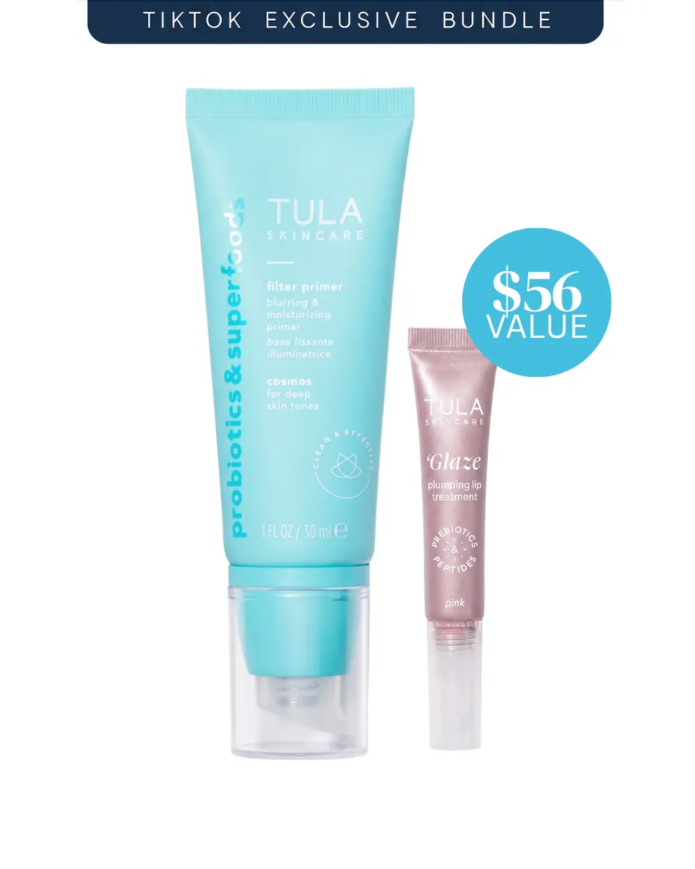 Tula TTS Exclusive Primer + Plump Bundle: Filter Primer (Cosmos - Deep) & Pink 'Glaze Lip Treatment