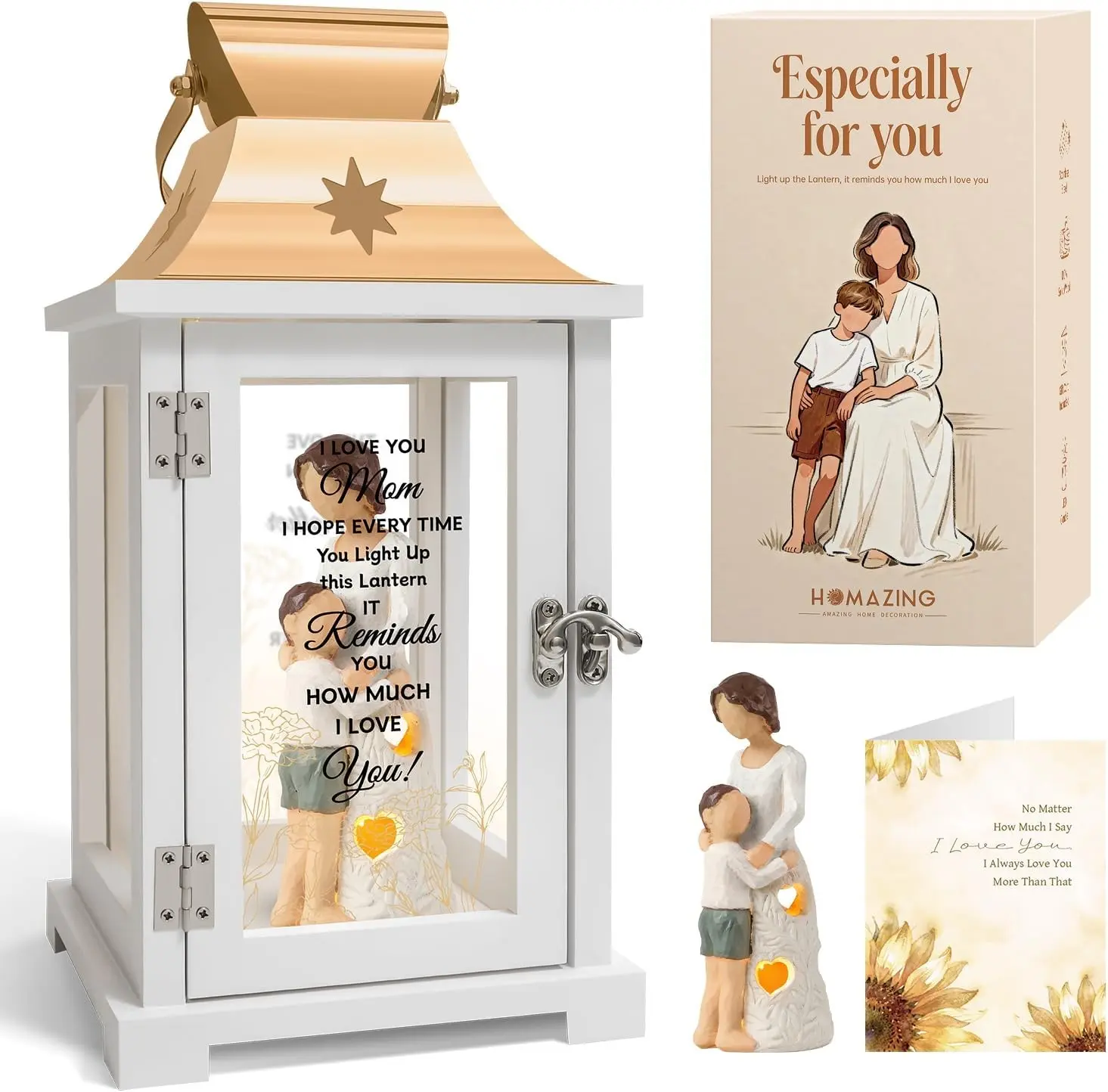 Mom-Theme Sunflower Rectangular Figurine Lantern Box, Home Organizer Storage Bin with Greeting Card, Figurine Gift for Mother’s Day Christmas Light Decoration (includes card)