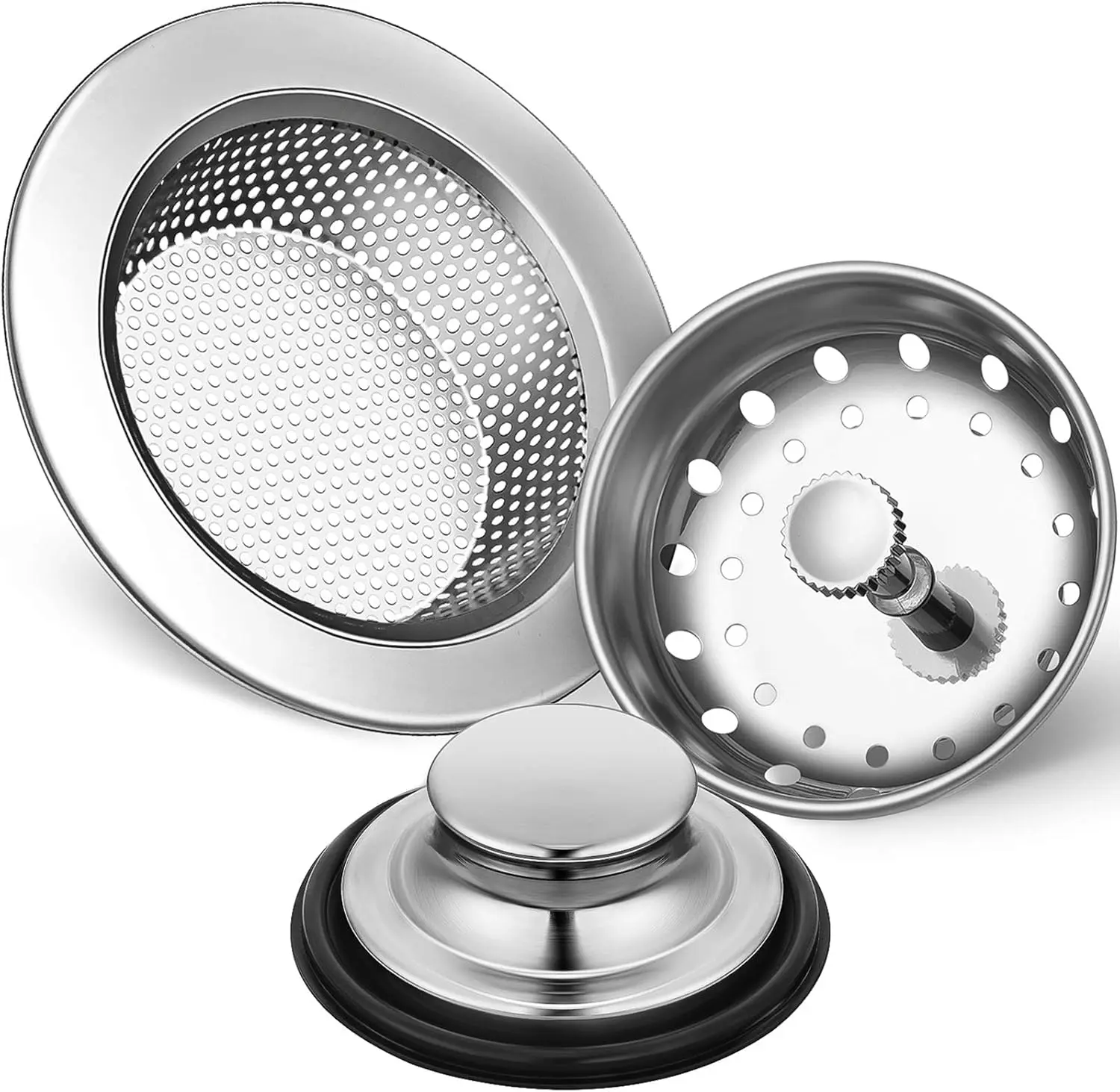 3 Pcs Kitchen Sink Drain Strainer and Stopper Stainless Steel Garbage Disposal Plug with Handle Universal Anti-Clogging Kitchen Sink Filter Sieve Basket Strainer(Silver) Mudder