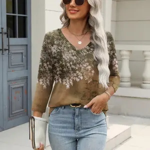 Women’s 3/4 Length Sleeve Womens Tops Floral V Neck Shirts Soft Basic Tees Business Work Blouses Summer Long Length Polo Womenswear