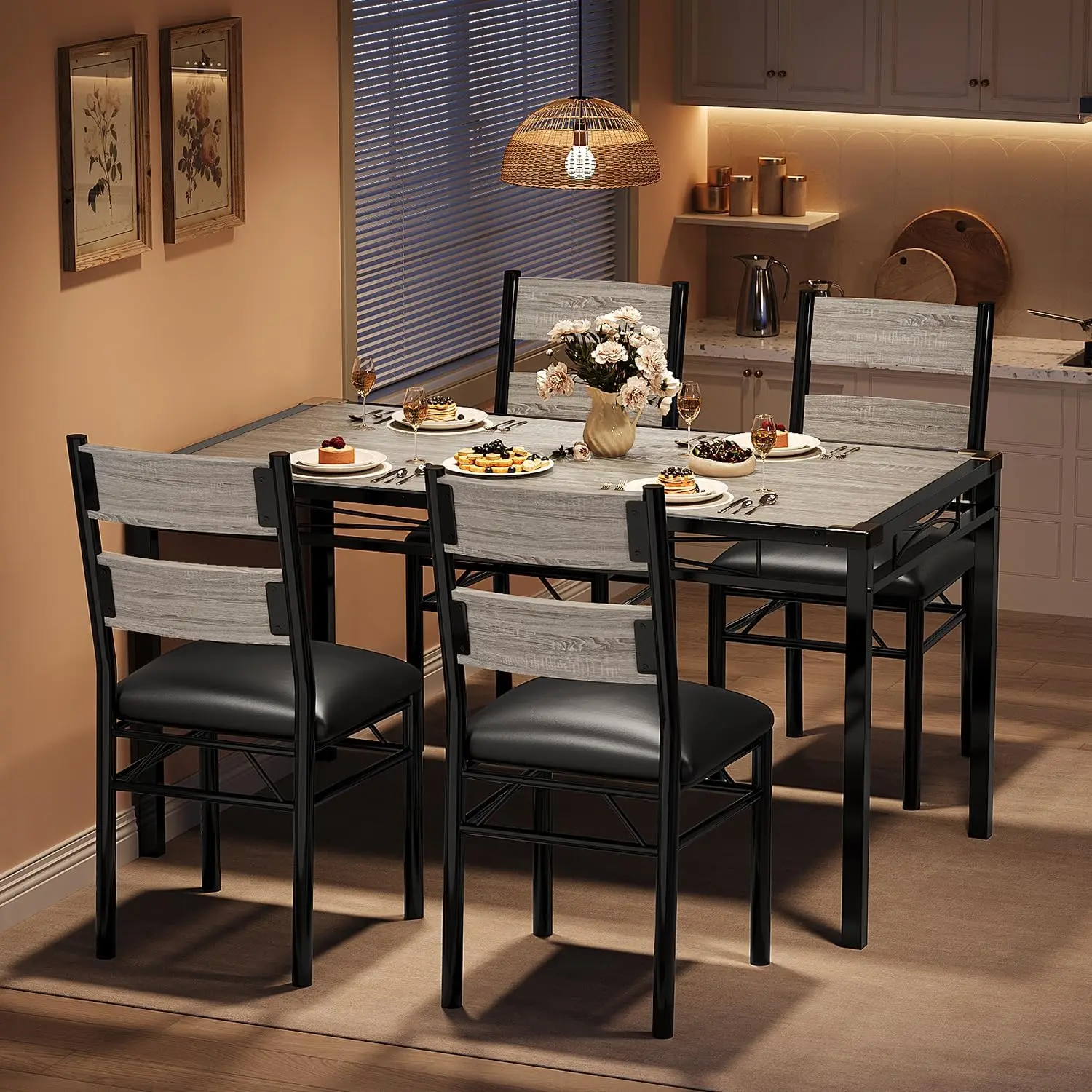 Wood Dining Table Set for 4 with Corner Protector, Kitchen Table Chairs Set of 4 with Upholstered Chairs, Dining Room Table Set for 4, for Dining Room, Apartment,Retro