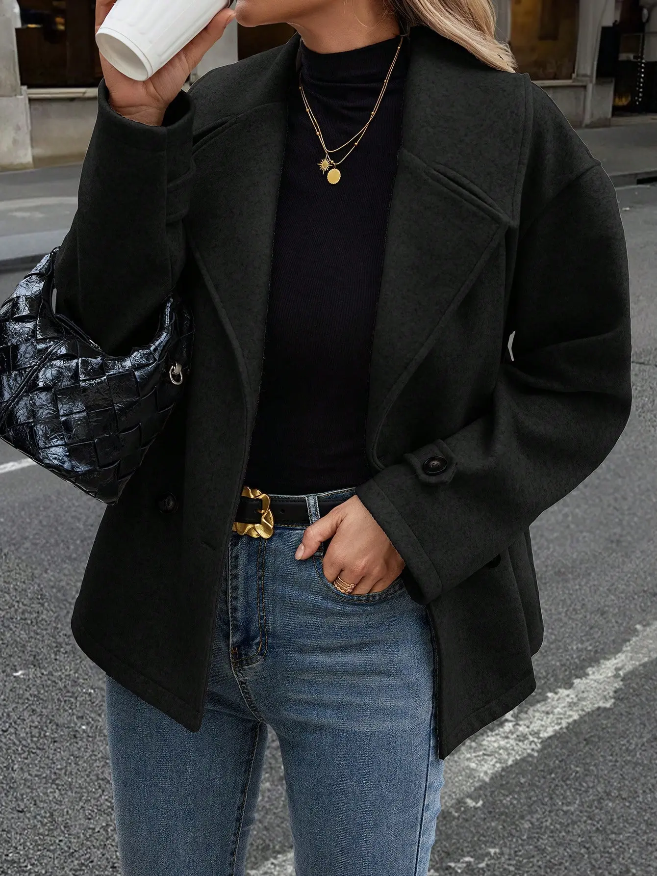 Women's Navy Blue Double-Breasted Wool Blend Short Coat with Elegant Lapel Collar for Winter Business & Travel Wear Jacket Womenswear