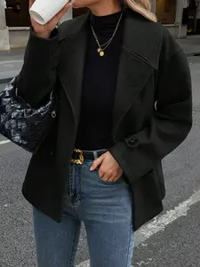 Women's Navy Blue Double-Breasted Wool Blend Short Coat with Elegant Lapel Collar for Winter Business & Travel Wear Jacket Womenswear