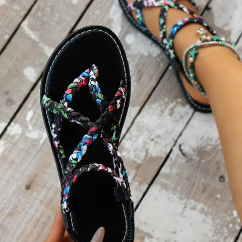 Women's Floral Braided Thong Sandals, Comfortable Flat Summer Strappy Sandals with Elastic Slingback Straps, Versatile Casual Footwear for Daily Wear, Beach Trips and Vacations