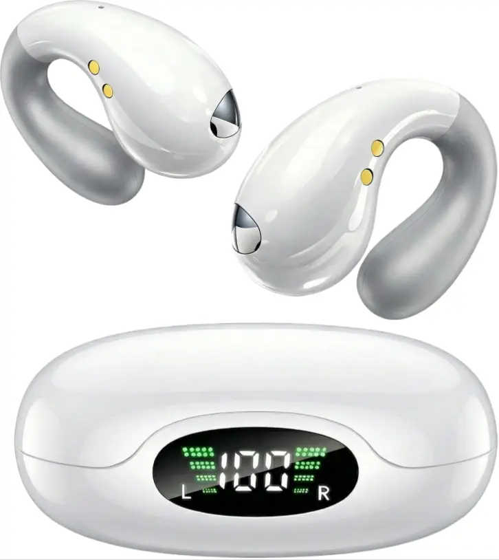 Ultra Open Ear Fashion Earbuds - Ergonomic Clip-On Bone Conduction Over-The-Ear Headphones, Premium Headphone Audio, Waterproof Secure Fit for Small Ears, Snow White