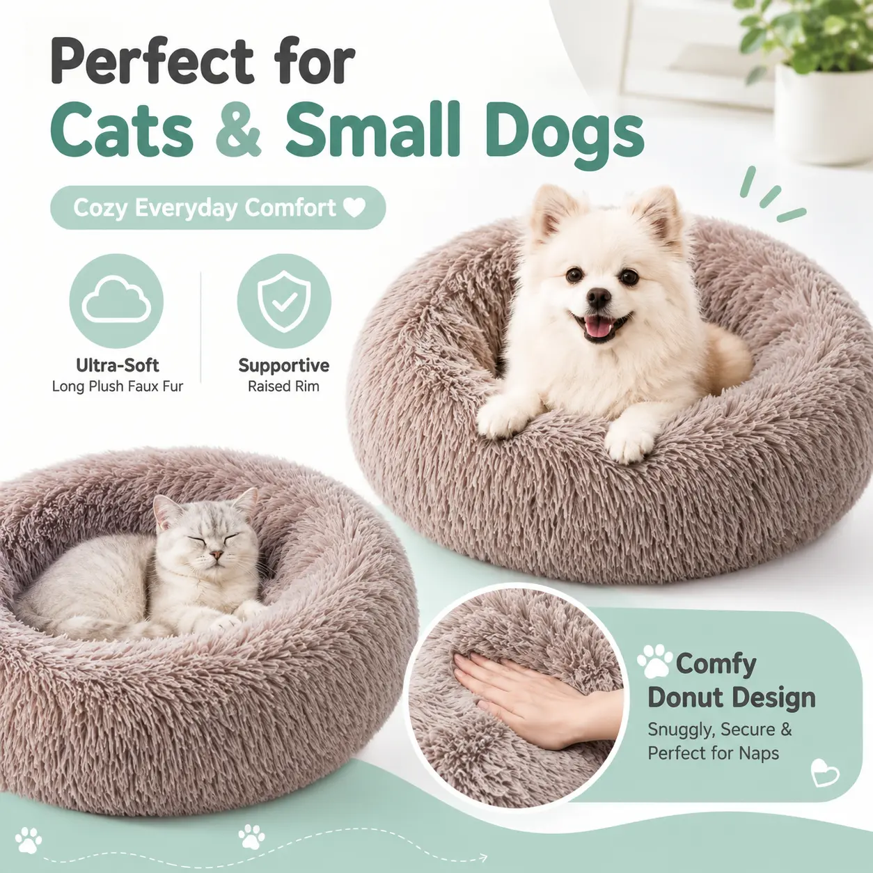 Ultra Soft Donut Pet Bed for Small Dogs & Cats - Round Shape, Fluffy Plush, Washable Anti-Stress, Waterproof Orthopedic U-Shaped Bed with Raised Rim for Deep Sleep, Comfort, Security, Anti-Slip Indoor Sofa, Donut Beds