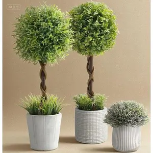 Artificial Boxwood Topiary Trees in Cement Planter - 3 Pack Small Fake Plants 14.57 Inch - Indoor/Outdoor Artificial Greenery for Home Decor - Realistic Potted Plants for Bathroom Bedroom Kitchen Office - Durable & Low Maintenance Decorative Faux Plants