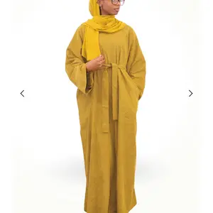 (Final Sale) Chartreuse Corduroy Fall Abaya with Pockets & Hijab - Cozy Winter Fashion for Women