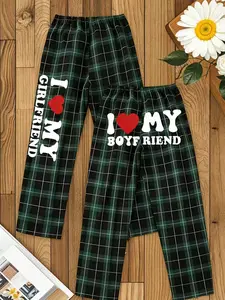 Matching Couple Plaid Pajama Pants | 'I ❤️ My Girlfriend/Boyfriend' Print, Viral TikTok Trend, Cozy Polyester Loungewear, Elastic Waist Sleepwear, Green Plaid Design, Casual Nightwear for Couples, Perfect for Sleepovers & Relaxation, Trending on TikTok, M