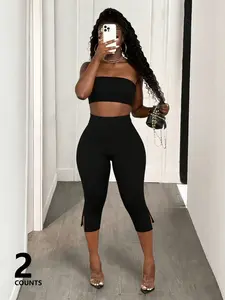 Women's Tube Top Set with High Waist Seven-Quarter Pants, Sexy Fitted Two-Piece for Party, Everyday and Casual Wear