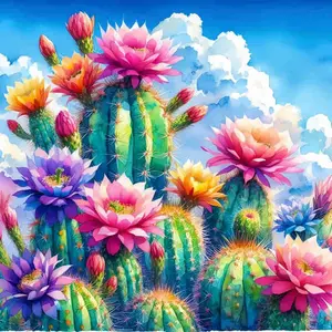 5D Full Drill Diamond Painting Kit - Vibrant Desert Cacti with Colorful Blooms, Round Acrylic Diamonds, DIY Art for Home Wall Decor, Ideal Gift for Nature & Craft Enthusiasts