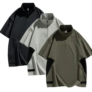 Men’s summer stand-collar short-sleeve T-shirt, loose fit, lightweight breathable fabric for casual comfort, half-zip design, suitable for everyday wear and outdoor activities #SummerVibes summervibes